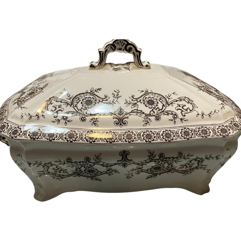 Antique Ridgways Royal Semi Porcelain Brown and White Serving Dish 9.5x6.5x3"